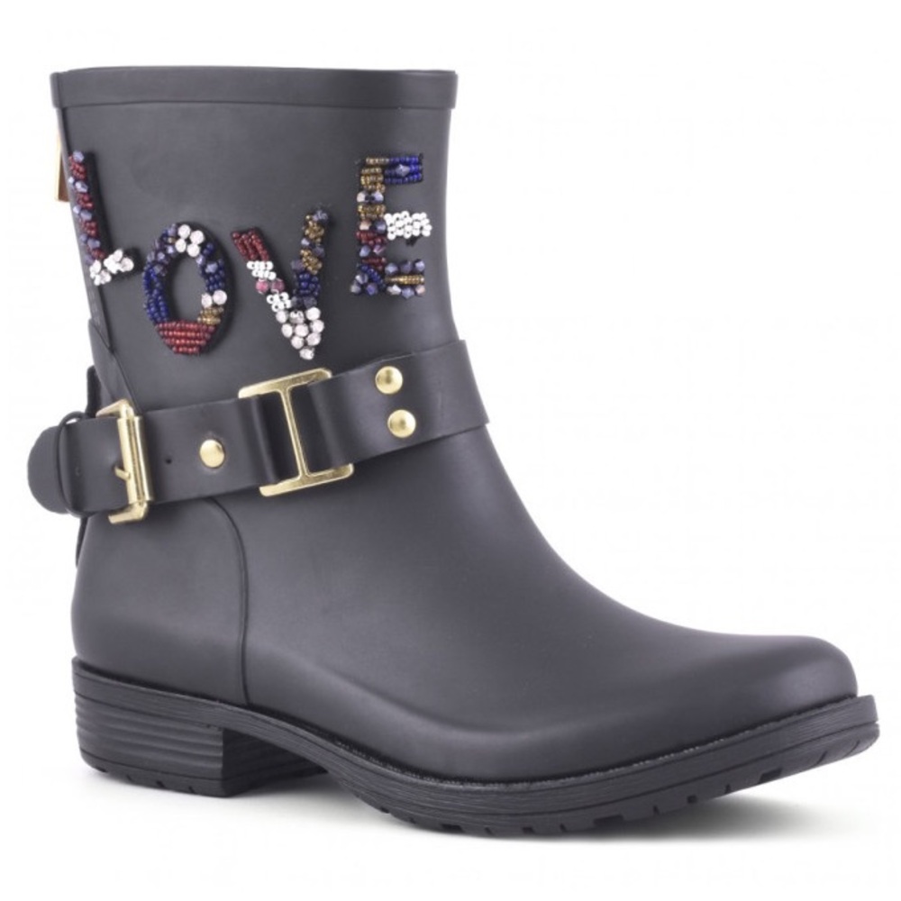 Stylish Black Ankle Boots with Embellished Love Design